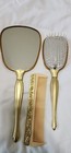Vintage 4pc Gold Tone Dresser Set - Brush  Hand Mirror  Comb  Mirror Tray 