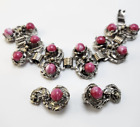Vintage Silver Tone Panel Bracelet And Earrings Set With Pink Marbled Lucite