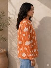 Women s Quilted Cotton Jacket Rust Orange Floral Print Stand Collar Short Coat