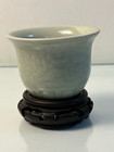 Celadon Glaze Cup With 3 5  Carved Wood Stand     Asian Display Set