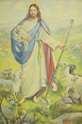 Vintage Jesus The Shepherd Lamb Black Sheep Staff Art Print Framed Mid Century 