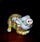 Vtg Chinese Famille Rose Porcelain Smiling Pig Glazed With Floral   Butterflies
