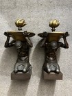 Pair Art Deco Bronze Male Bookends W Flame