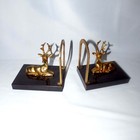Vintage Art Deco Spelter Deer Bookends Pair Mid Century Wood Base