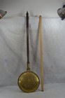 Antique Brass Bed Warmer Pan Decorated  Long Wood Handle Fireplace Original 1800