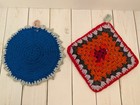 Vtg Handmade Crochet Granny Square   Round 2 Sided Pot Holders W hangers Hot Pad