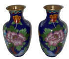 Old Chinese Cloisonne Vases Brass Enamel Matching Set Of Two Wealth Flower Vtg