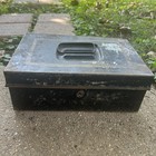 Antique Vintage Black Gold Metal Tin Cash Box Lockbox 10 5 x7 x4 - No Key