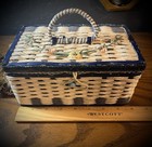 Vintage Blue   Cream 1960s Woven Wicker Handled Sewing Basket Made In Japan
