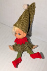 Vtg 5 5  Pixie Elf Doll Shelf Green Coat   Hat Gold Body Burlap Japan Kitsch H1