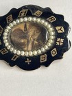 Antique Victorian Mourning Brooch Hair Gold   Black Enamel Seed Pearls Memorial