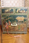Vintage Hand Painted Chinoiserie Green Lacquer Jewelry Armoir