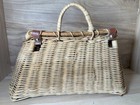 Vintage Fishing Creel Woven Wicker Basket Leather Strap 2 Wooden Fish Tie Ons