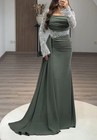 Women   s Olive Green Ruched Maxi Dress Rhinestone Beaded Mesh Sleeves Glam