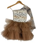 Wanda Beauchamp Couture Leopard Tulle Tier One Shoulder Long Sleeve Dress Girl 8