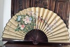 Vintage Hand Painted Asian Oriental Design Wood Large Fan 34    Long Floral Birds