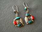 Old Southwestern Native American Navajo Turquoise Coral Sterling Silver Earrings