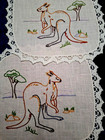 2 X Australian Kangaroos  Gum Trees   Vintage Hand Embroidered Doilies