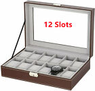 12 Slots Pu Leather Watch Box Display Case Watch Storage Organizer Glass Top