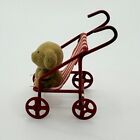 Miniature Dollhouse Red And White Umbrella Stroller With Teddy Bear Accessories