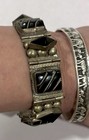 Vtg Mexico Alpaca Silver Carved Black Onyx Panel Bracelet