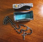 Vintage Sterling Silver Hematite Beaded Rosary   Vtg Handmade Ceramic Stone Box