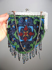 Antique Victorian Art Nouveau Beaded Bag Coin Purse Vintage Chain Green Blue