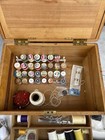 Vintage Big Lot Of Sewing Needles Thread Scissors Buttons Dovetail Box