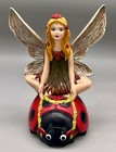 Vintage Ceramic Mold Hand Painted Fairy Riding On Lady Bug Whimsical 9 25 