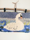 Primitive Hand Hooked Wool Rug Finished  12 X 7- Swan   Lily Pads  Ready To Hang