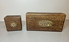 Lot Of 2 Antique Vintage Hand Carved Wooden Inlaid Trinket Or Jewelry Boxes c12 