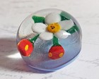 Flower   Strawberries   Glass Paperweight W  Blue Base   Gooderham Studio Button
