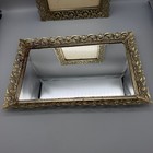 Vintage Filigree Vanity Trays 2 Ornate Gold Gilt Metal Set Mirror   Fabric Base