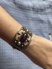 Antique Mexican Made Silver And Amethyst 3-panel Bracelet 6 5 Inches