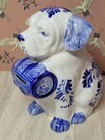 Vtg Delft St Bernard Dog Coin Bank Hand Painted Vintage Blue White Floral Barrel