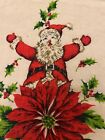 Vintage Mcm Linen Christmas Tea Towel Santa   27  X 15  Poinsettia 