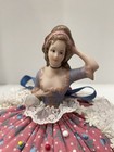 Vintage Porcelain Vanity Half Doll Pin Cushion Dress Victorian Pink Blue Lace