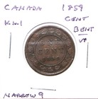 Canada 1859 1 Cent Large Cent  Narrow 9 Vf Details Bent Km1 Free Shipping