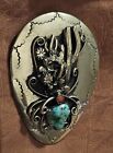 Vintage Southwestern Nickel Silver Turquoise Coral Saguaro Cactus Etched Bolo