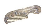 Antique Vanity Chinese Wrought Tibetan Silver White Copper Dragon Reliefs Comb 