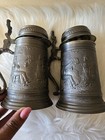 2 Vintage Heavy Pewter   Stainless German Stein Tankard Hinged Lid With 3d Image