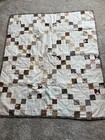 Tan  Brown And White 9-patch Homemade Quilt - Rustic Baby wall Quilt - 43  X 38 