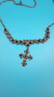 Vclm Victorian Gothic Style Cross Necklace Dark Silver Tone Rhinestones Black