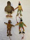 4 Vintage Painted Wooden Pull String Toy Puppets Ornaments Very Nice Condition 