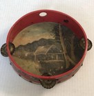 Antique Painted Tambourine Drum Cabin Woods Portrait Decorative Instrument Music