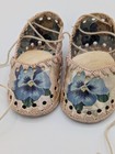Antique Vintage Handmade Tiny Lace Up Floral Baby Shoes Pin Cushions Sewing Acc 