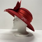 Lisa Rene Women s Red Wool Dress Hat Beaded Floral Trim Large Satin Flower