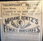 Rare 1874 Broadside Madame Rentz   s Female Minstrels Port Jervis Ny Opera House