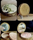 Vintage Rare Art Deco Mesh Compact White Enamel Green Floral Vanity 1950s Case