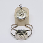 Vintage Taxco Mexico Sterling Silver Sand Dollar Cuff Bracelet Pendant Set